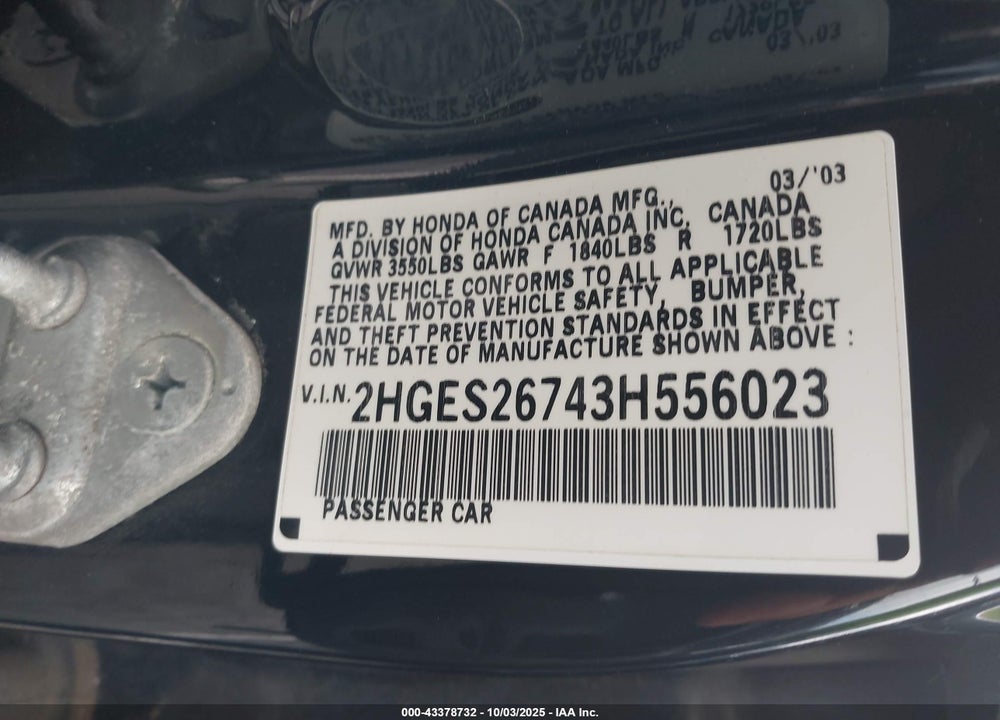 2003 HONDA CIVIC EX VIN: 2HGES26743H556023