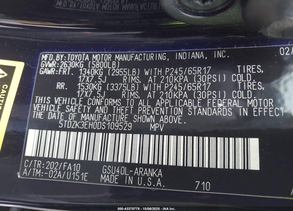 2013 TOYOTA HIGHLANDER VIN: 5TDZK3EH0DS109529