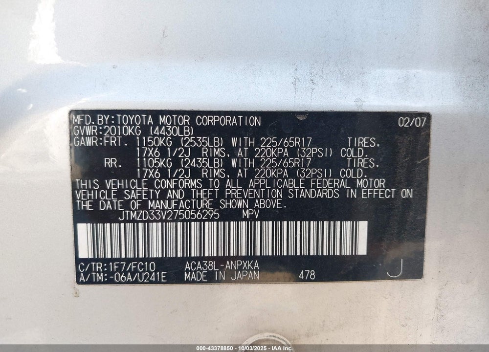 2007 TOYOTA RAV4 VIN: JTMZD33V275056295