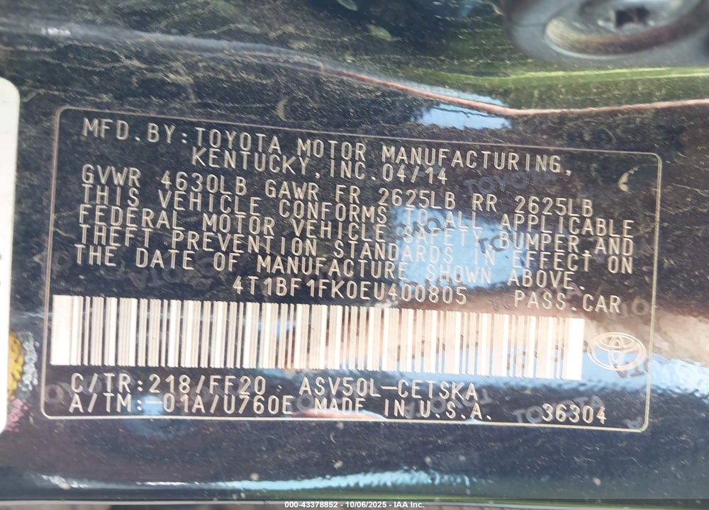2014 TOYOTA CAMRY SE VIN: 4T1BF1FK0EU400805