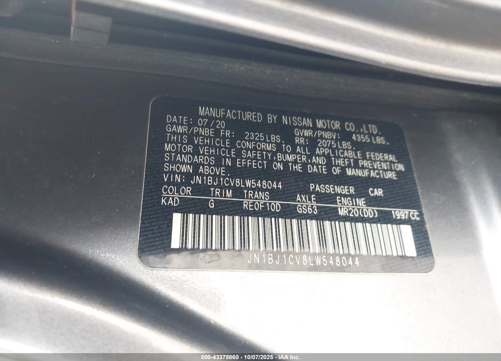 2020 NISSAN ROGUE SPORT VIN: JN1BJ1CV8LW548044