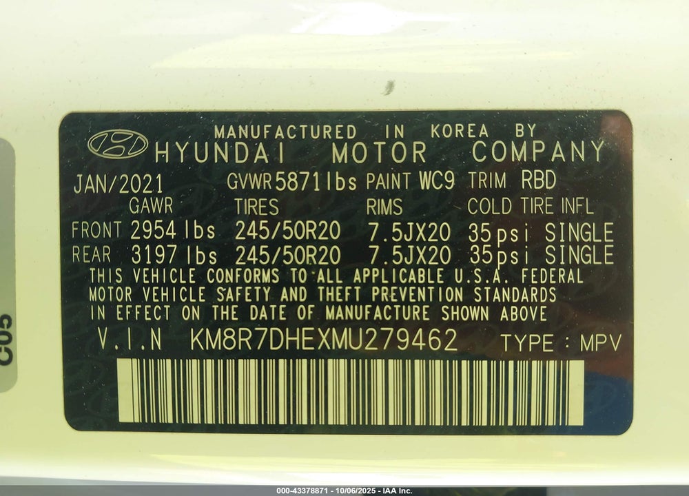 2021 HYUNDAI PALISADE CALLIGRAPHY VIN: KM8R7DHEXMU279462