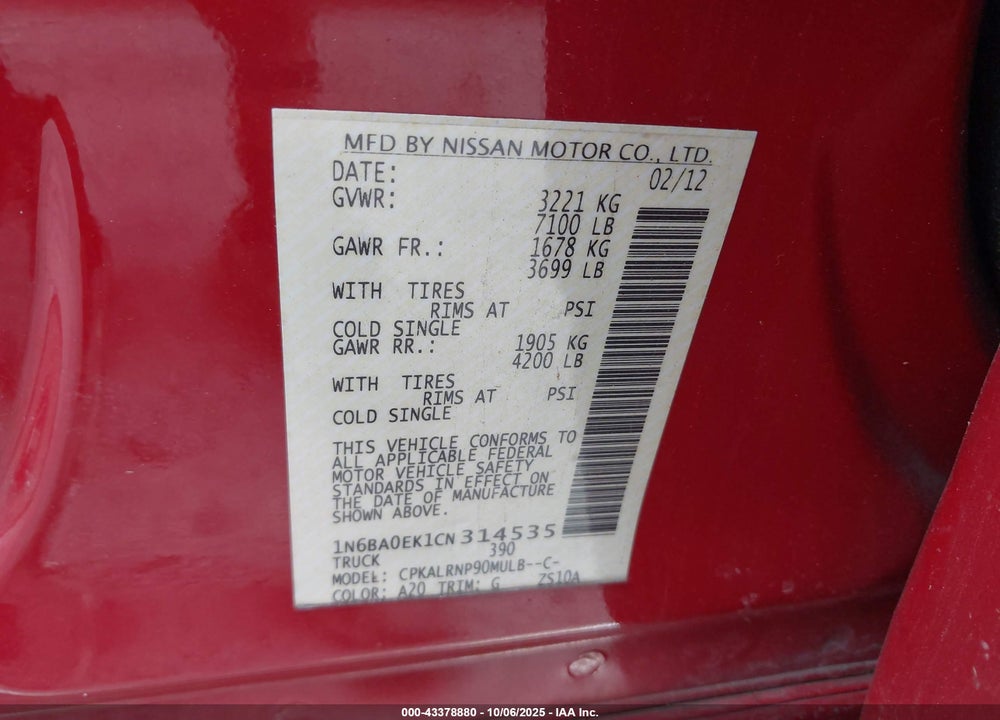 2012 NISSAN TITAN VIN: 1N6BA0EK1CN314535