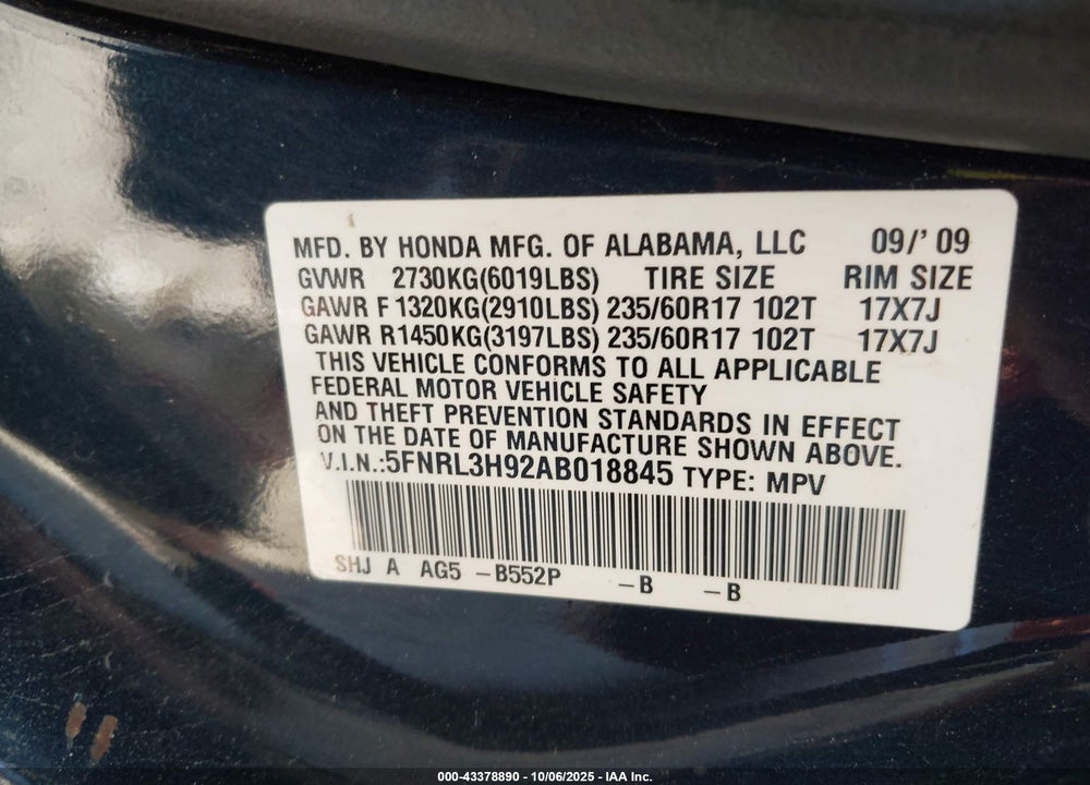 2010 HONDA ODYSSEY TOURING VIN: 5FNRL3H92AB018845