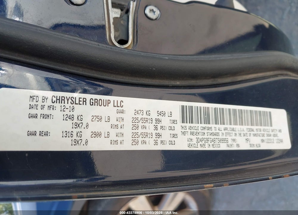 2011 DODGE JOURNEY VIN: 3D4PG9FG4BT509956