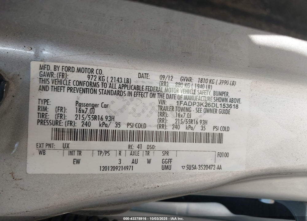 2013 FORD FOCUS VIN: 1FADP3K26DL153618