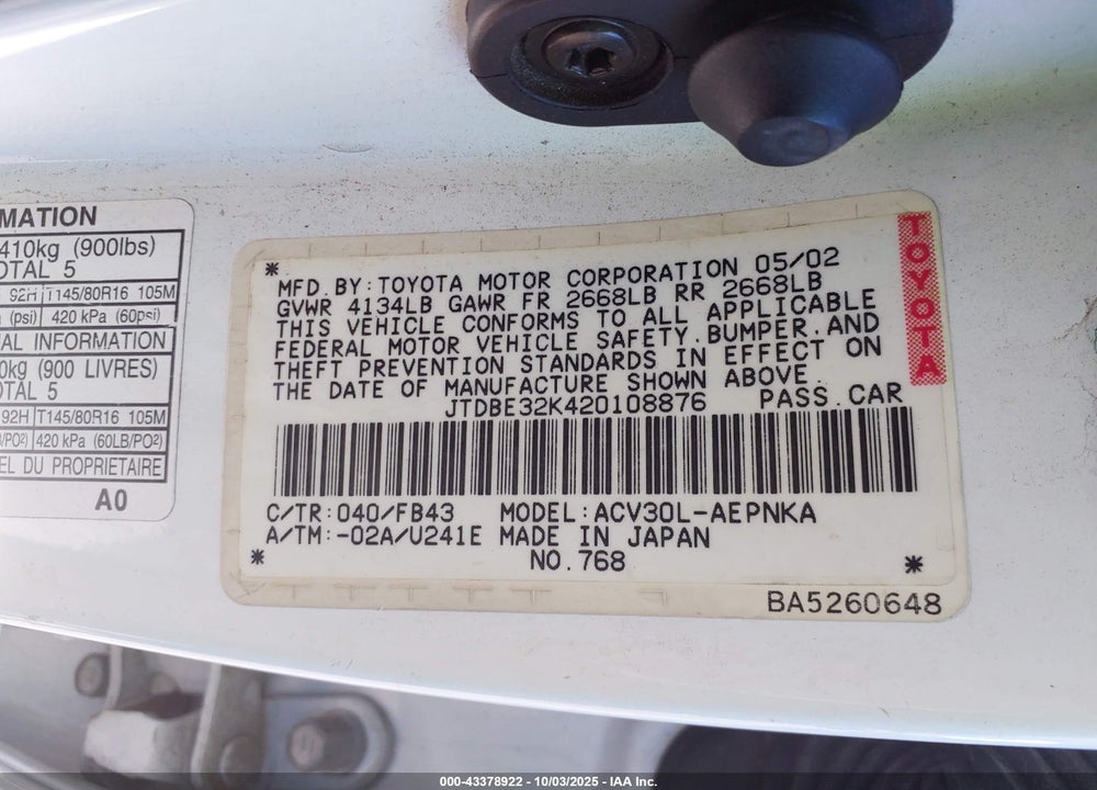 2002 TOYOTA CAMRY LE VIN: JTDBE32K420108876