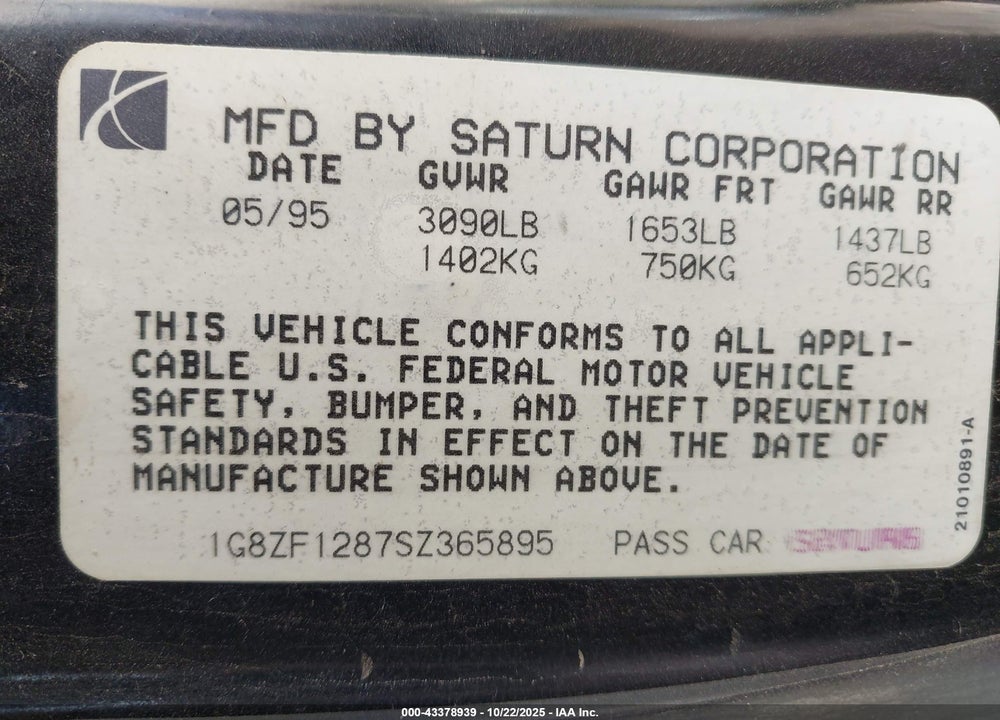 1995 SATURN SC1 VIN: 1G8ZF1287SZ365895