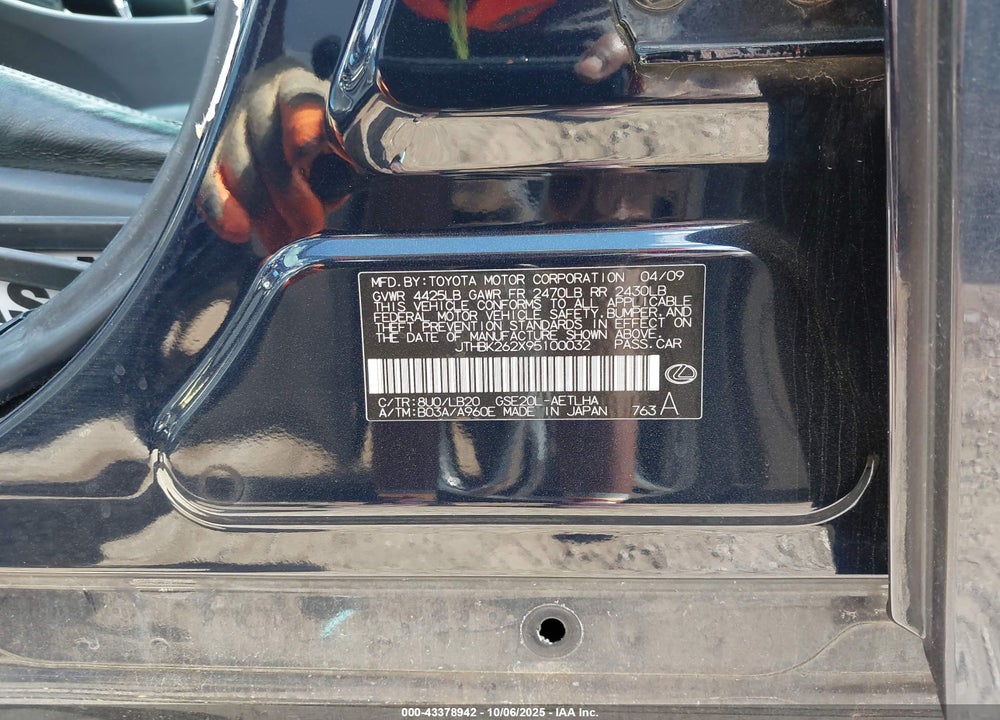 2009 LEXUS IS 250 VIN: JTHBK262X95100032