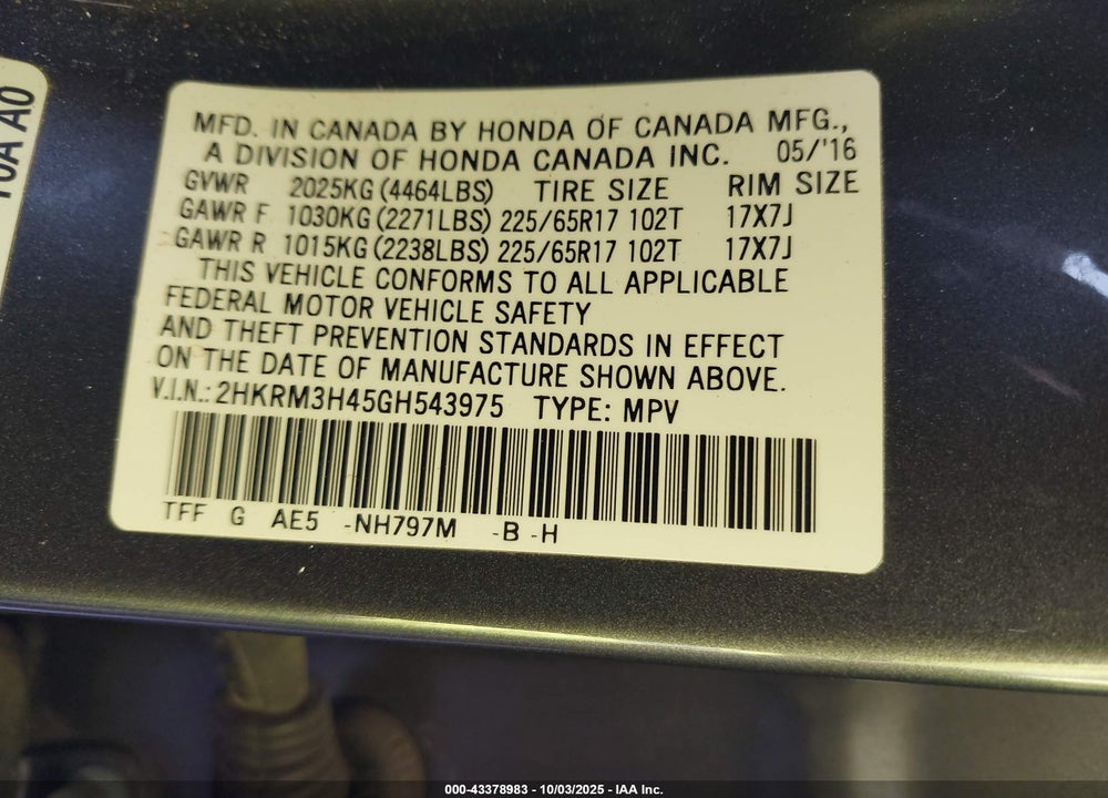 2016 HONDA CR-V VIN: 2HKRM3H45GH543975
