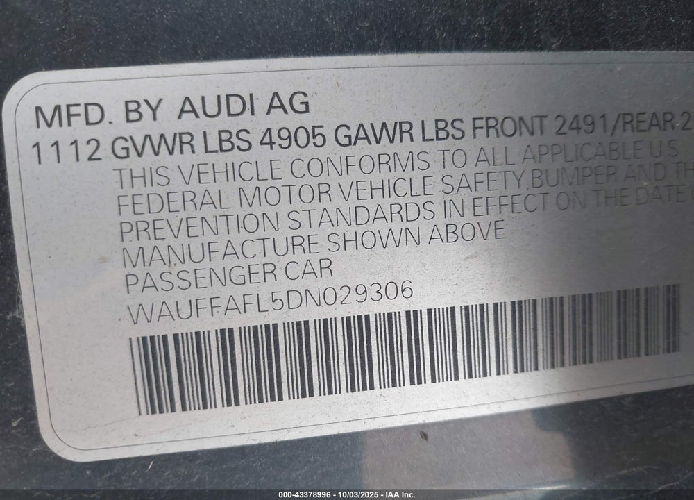 2013 AUDI A4 VIN: WAUFFAFL5DN029306