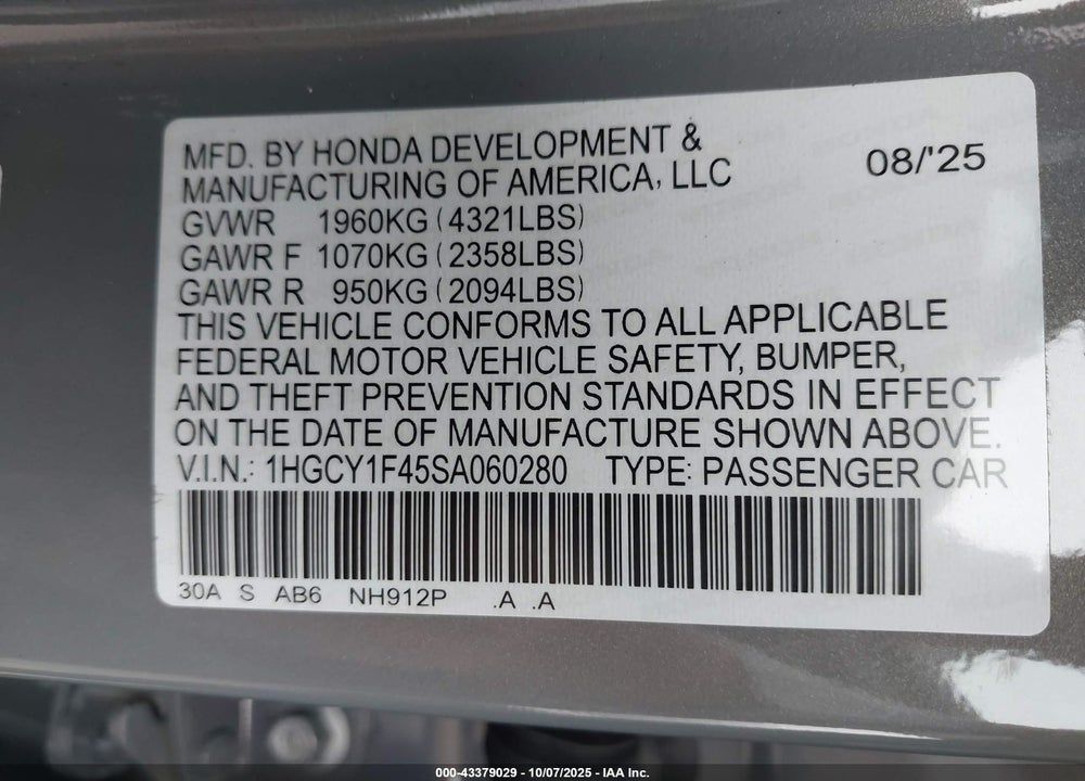 2025 HONDA ACCORD SE VIN: 1HGCY1F45SA060280