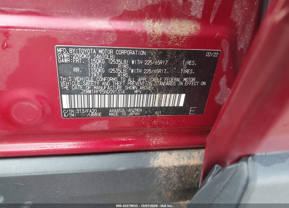 2022 TOYOTA RAV4 VIN: JTMW1RFV5ND091314