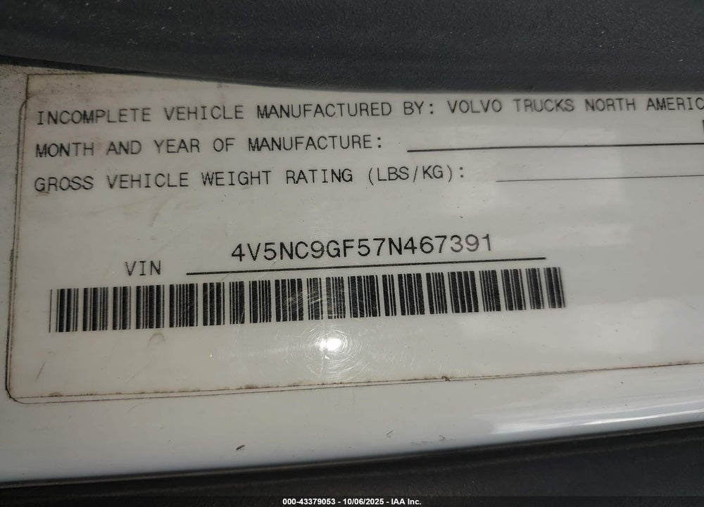 2007 VOLVO VN VIN: 4V5NC9GF57N467391