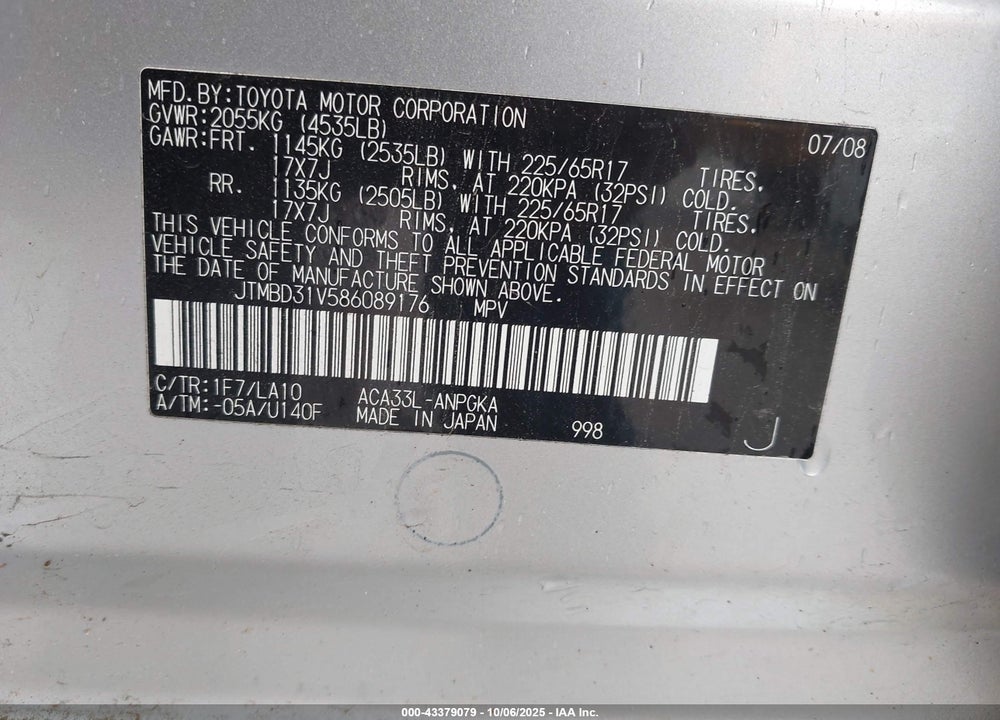 2008 TOYOTA RAV4 VIN: JTMBD31V586089176