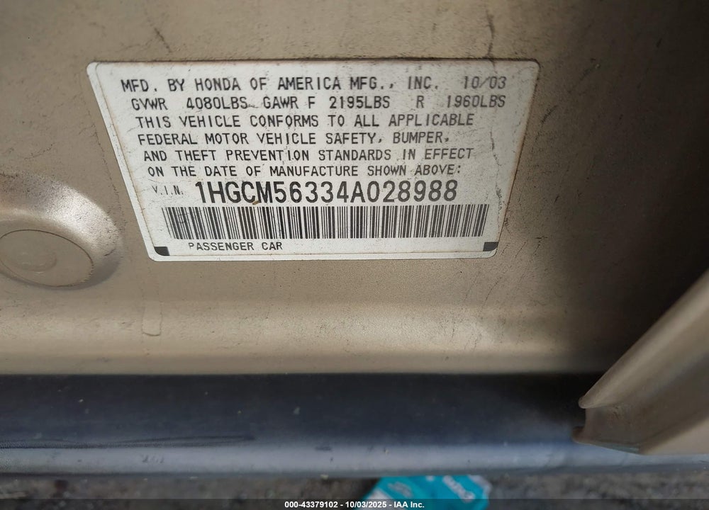 2004 HONDA ACCORD 2.4 LX VIN: 1HGCM56334A028988