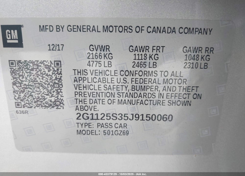 2018 CHEVROLET IMPALA 2LZ VIN: 2G1125S35J9150060