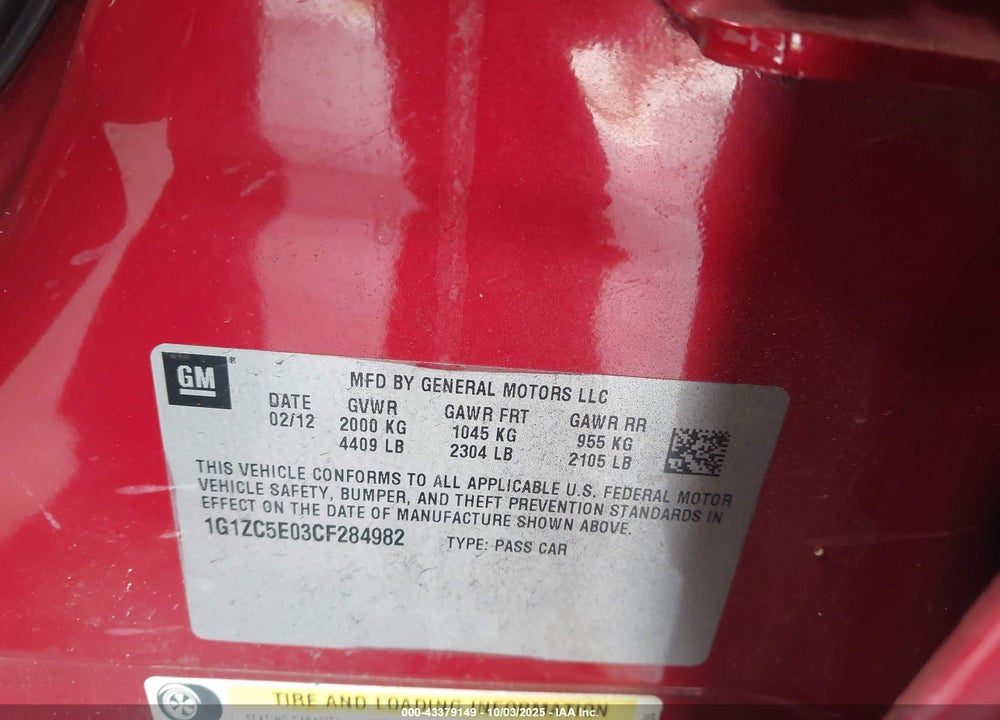 2012 CHEVROLET MALIBU VIN: 1G1ZC5E03CF284982