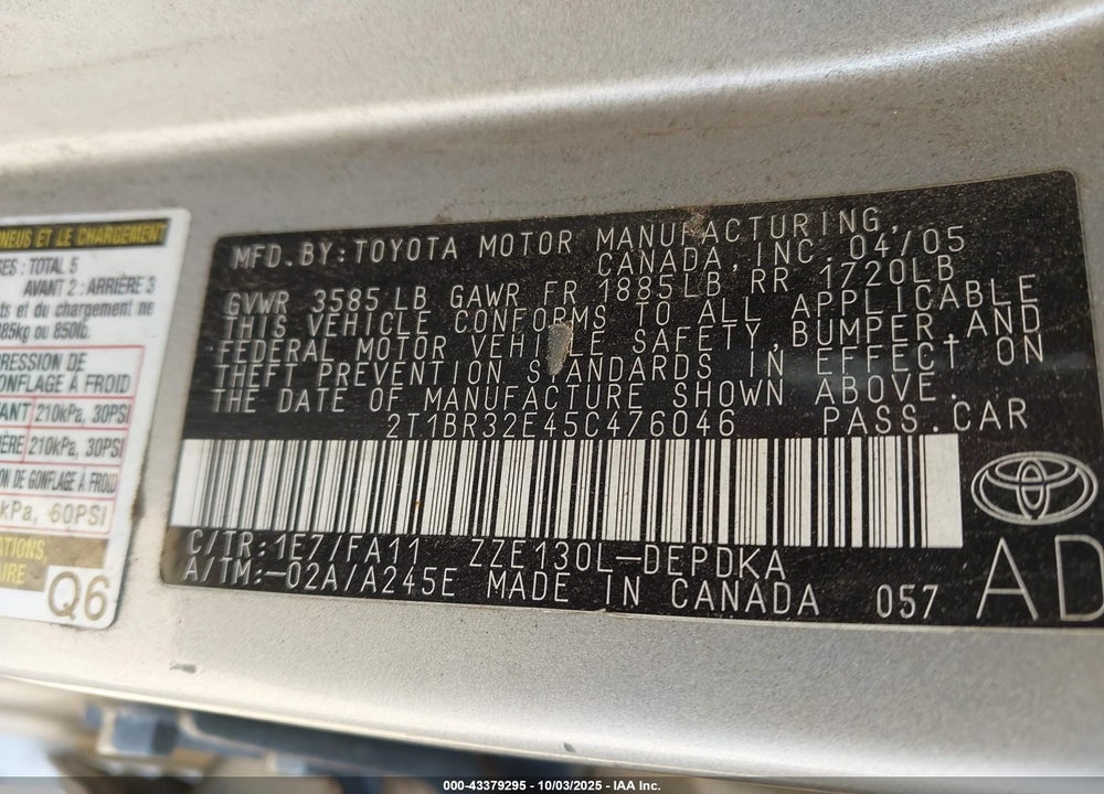 2005 TOYOTA COROLLA CE VIN: 2T1BR32E45C476046