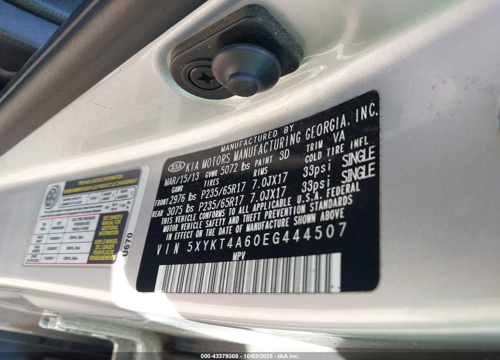 2014 KIA SORENTO VIN: 5XYKT4A60EG444507