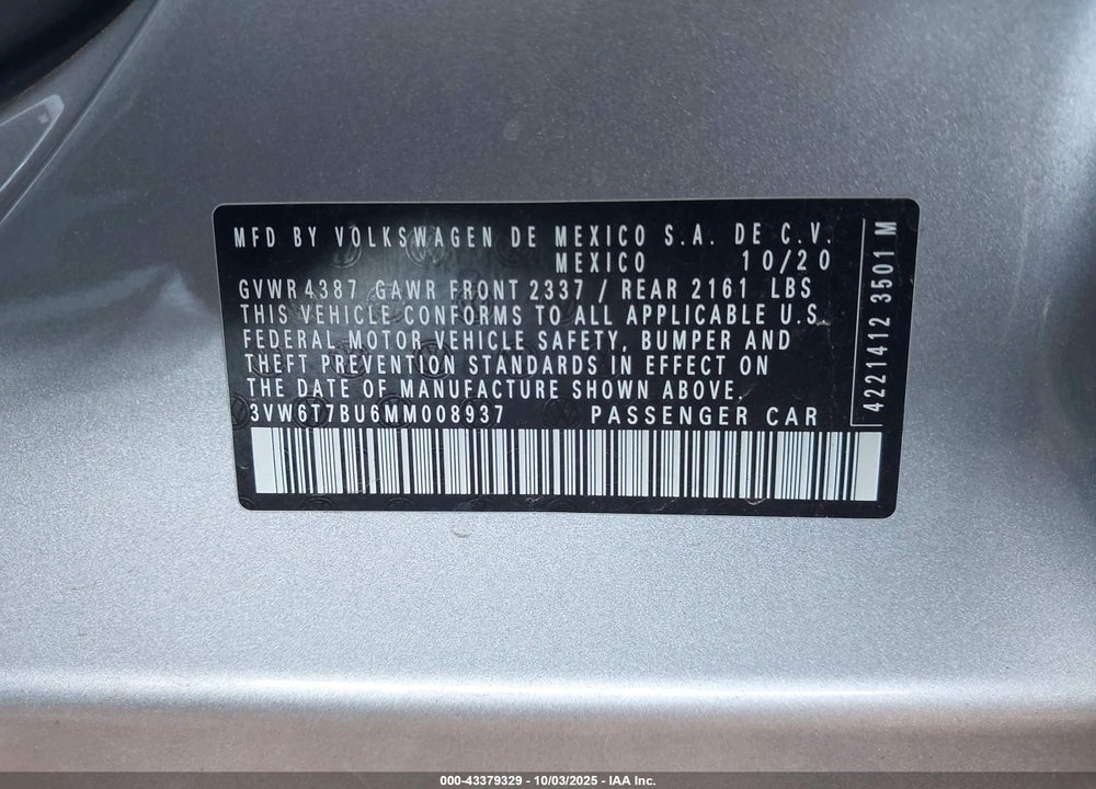 2021 VOLKSWAGEN JETTA VIN: 3VW6T7BU6MM008937
