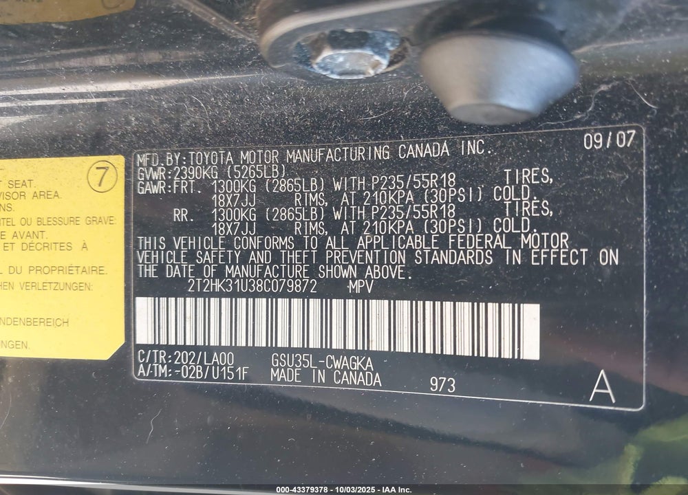 2008 LEXUS RX 350 VIN: 2T2HK31U38C079872