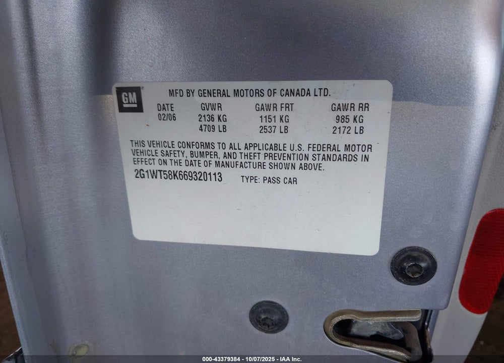 2006 CHEVROLET IMPALA VIN: 2G1WT58K669320113