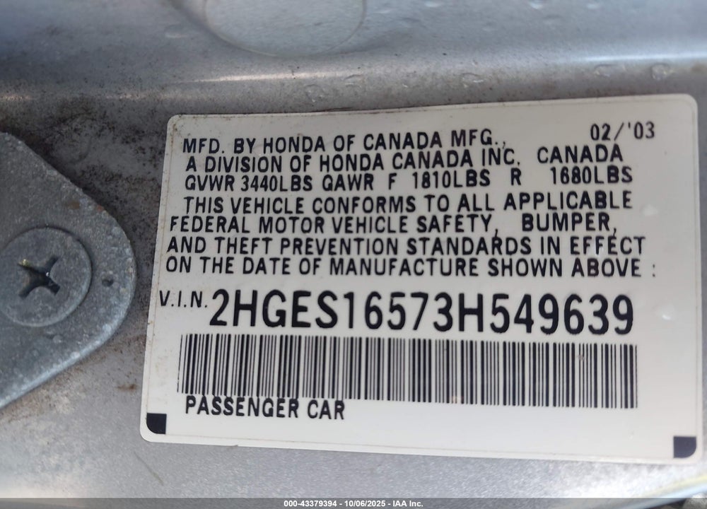 2003 HONDA CIVIC LX VIN: 2HGES16573H549639