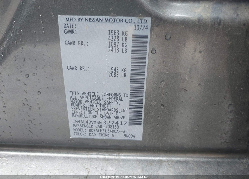 2025 NISSAN ALTIMA SV FWD VIN: 1N4BL4DVXSN327417