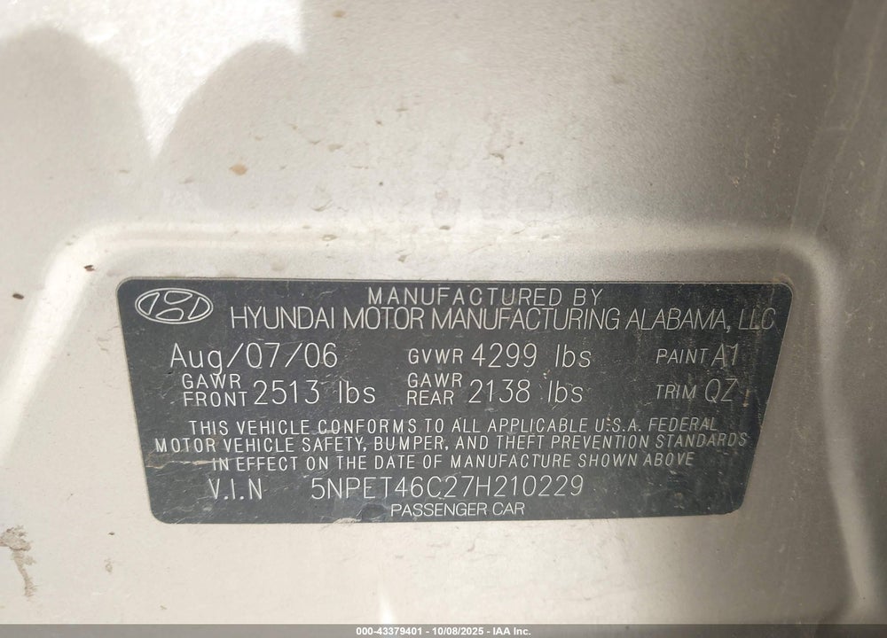 2007 HYUNDAI SONATA GLS VIN: 5NPET46C27H210229