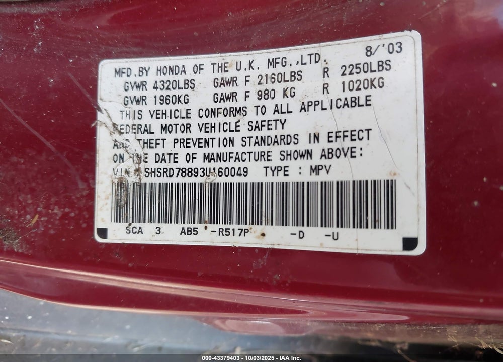 2003 HONDA CR-V EX VIN: SHSRD78893U160049