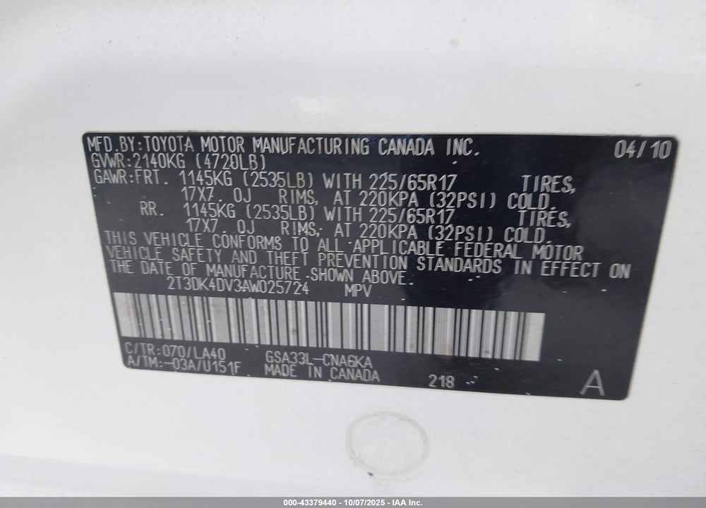 2010 TOYOTA RAV4 LIMITED V6 VIN: 2T3DK4DV3AW025724