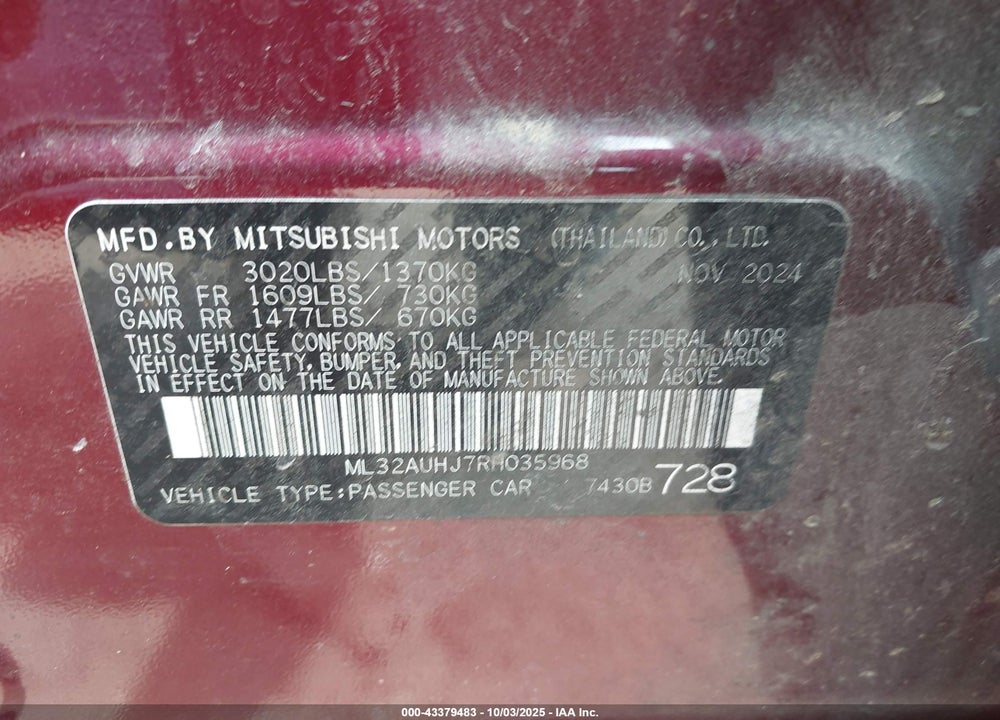 2024 MITSUBISHI MIRAGE ES/LE VIN: ML32AUHJ7RH035968
