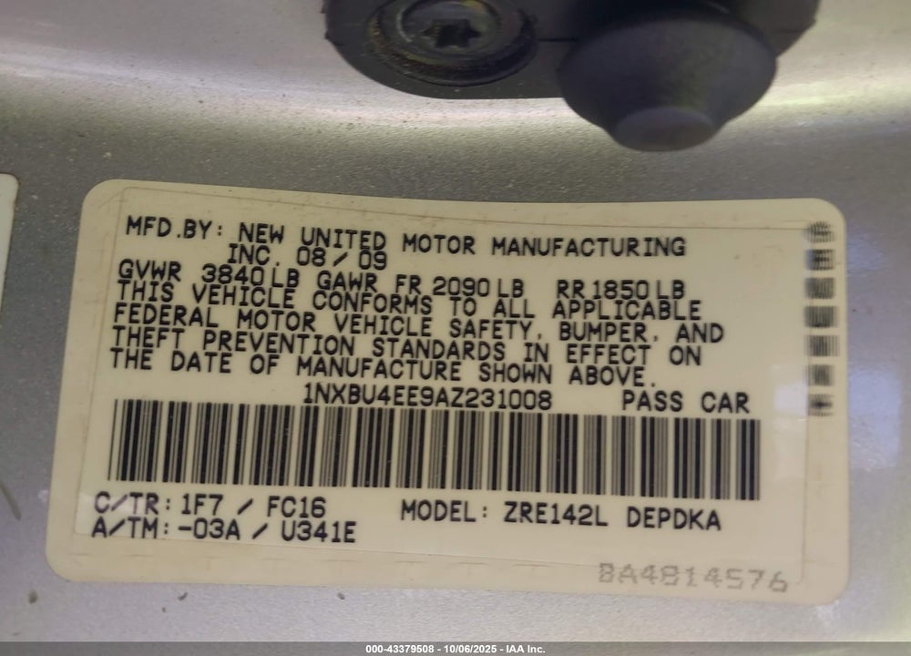 2010 TOYOTA COROLLA VIN: 1NXBU4EE9AZ231008