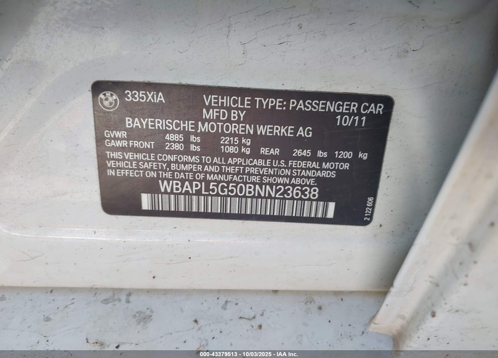 2011 BMW 335I VIN: WBAPL5G50BNN23638