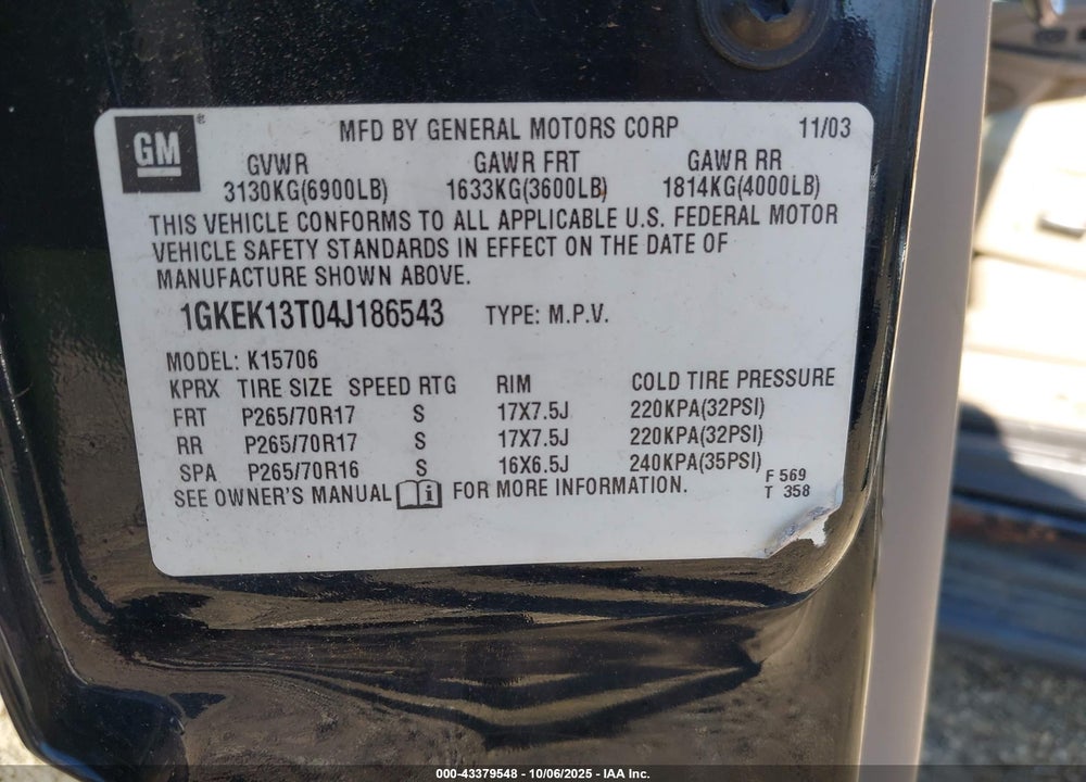 2004 GMC YUKON VIN: 1GKEK13T04J186543