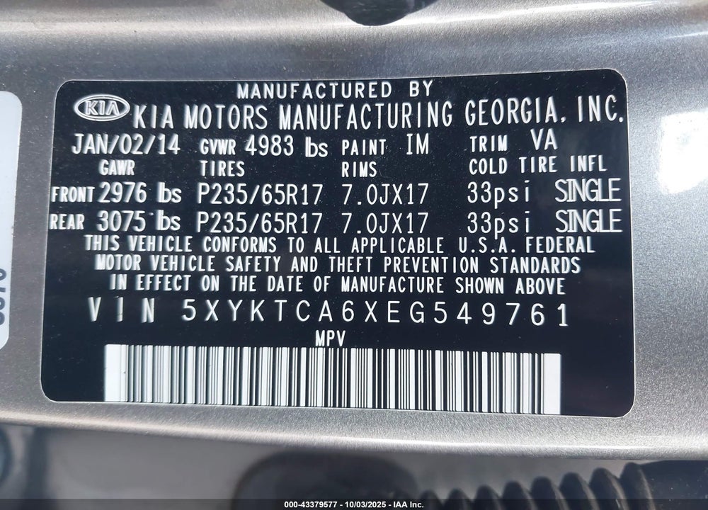 2014 KIA SORENTO VIN: 5XYKTCA6XEG549761