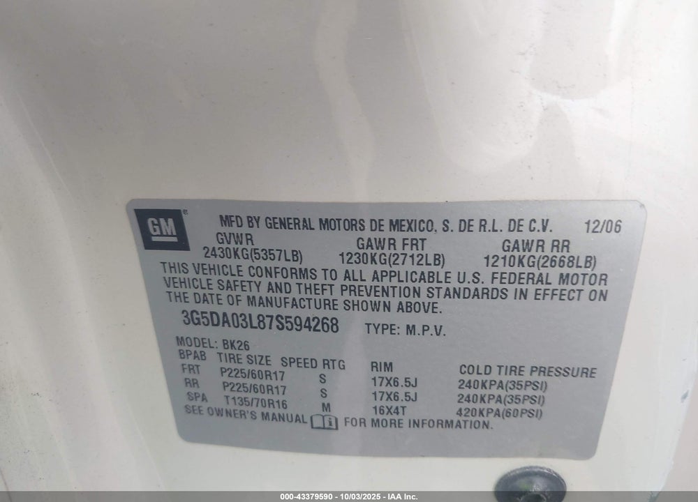 2007 BUICK RENDEZVOUS VIN: 3G5DA03L87S594268