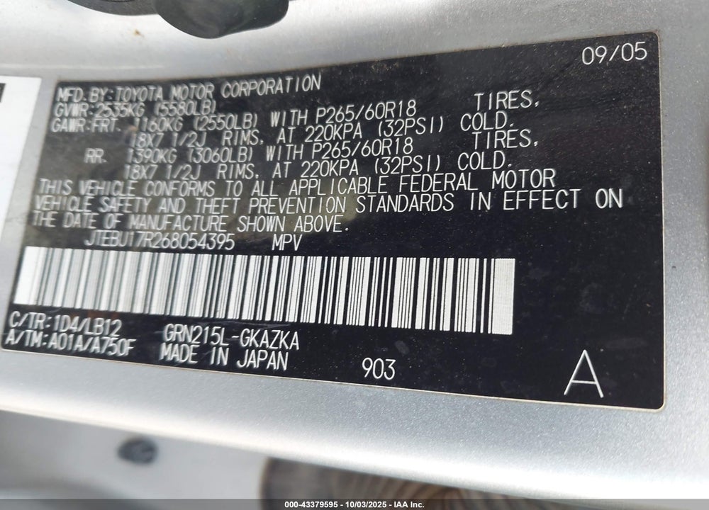 2006 TOYOTA 4RUNNER VIN: JTEBU17R268054395