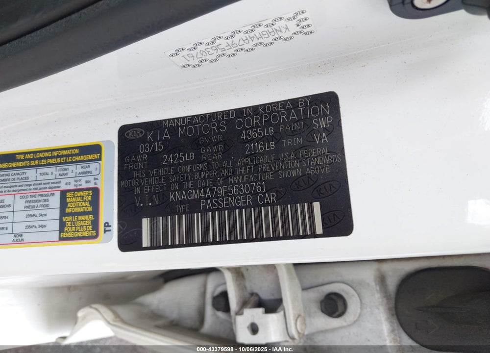 2015 KIA OPTIMA VIN: KNAGM4A79F5630761