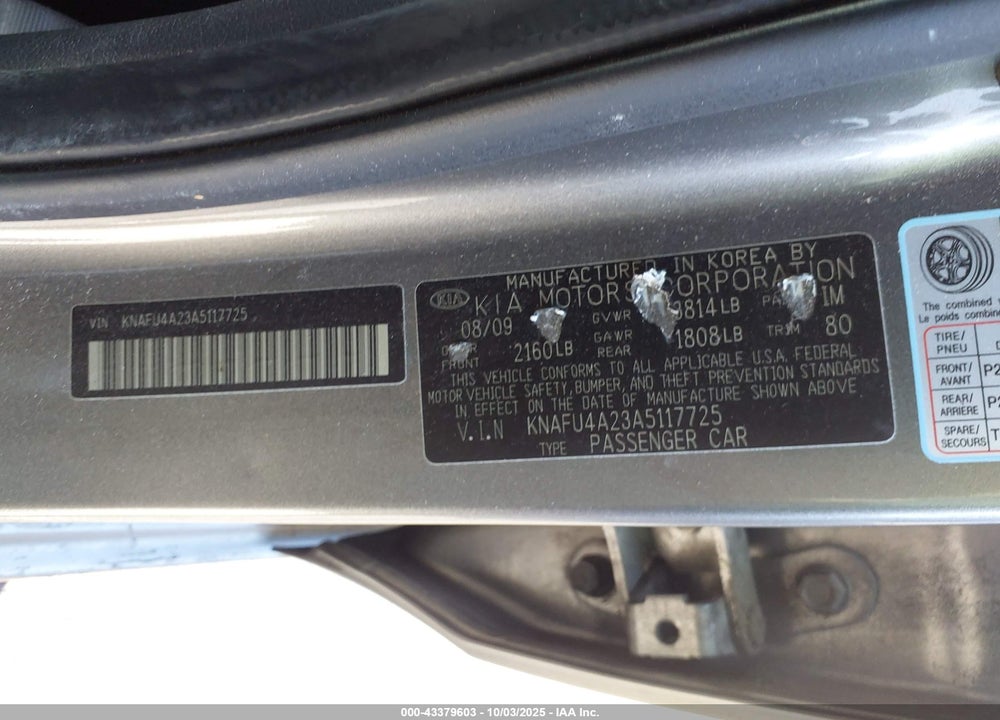 2010 KIA FORTE VIN: KNAFU4A23A5117725