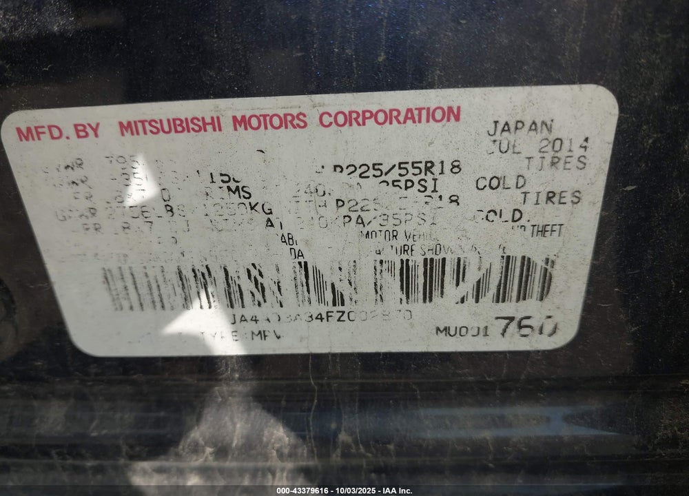 2015 MITSUBISHI OUTLANDER VIN: JA4AD3A34FZ002870