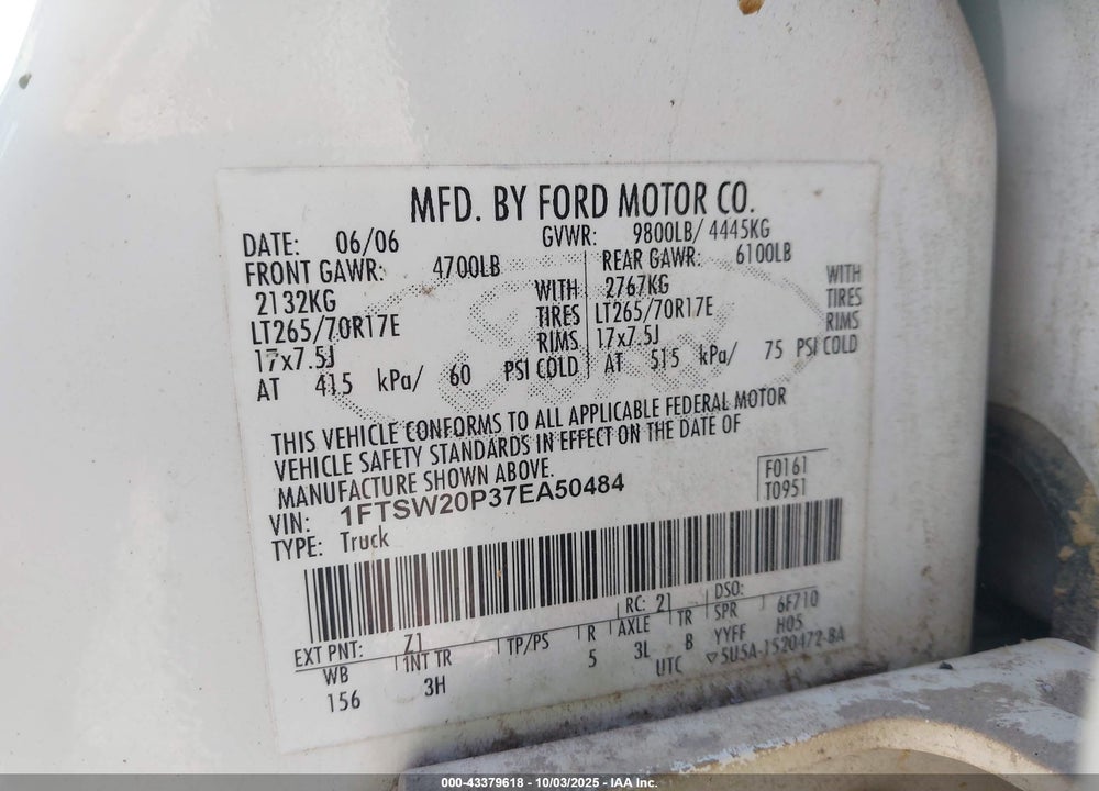 2007 FORD F-250 VIN: 1FTSW20P37EA50484