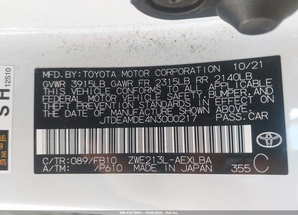 2022 TOYOTA COROLLA VIN: JTDEAMDE4N3000217