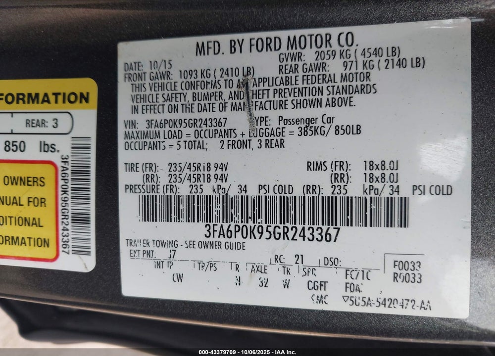 2016 FORD FUSION VIN: 3FA6P0K95GR243367