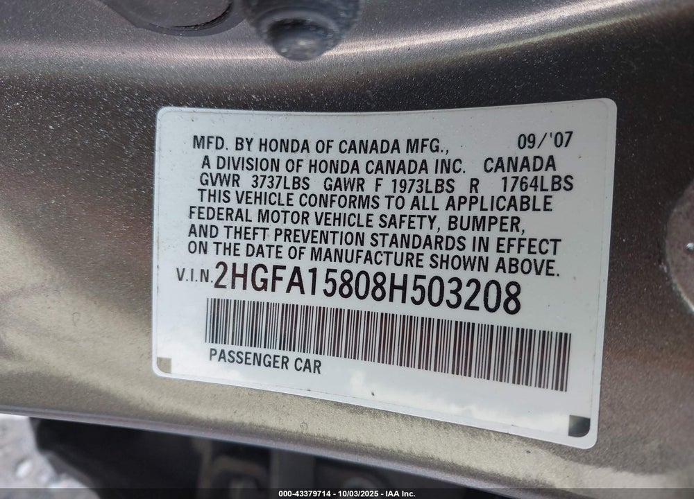 2008 HONDA CIVIC EX VIN: 2HGFA15808H503208