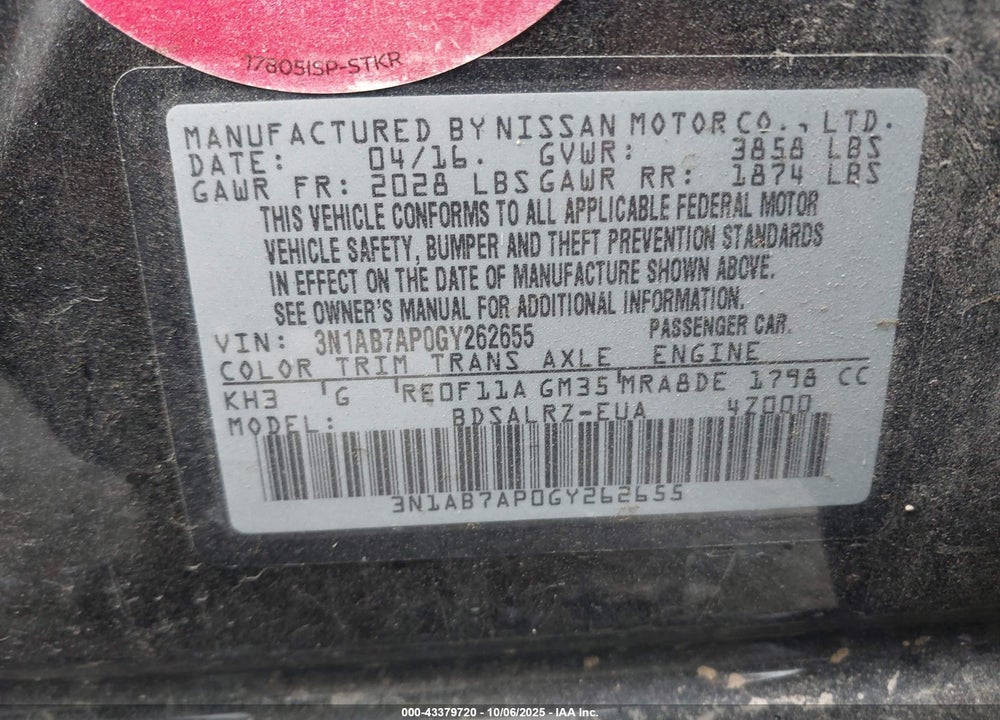 2016 NISSAN SENTRA SR VIN: 3N1AB7AP0GY262655