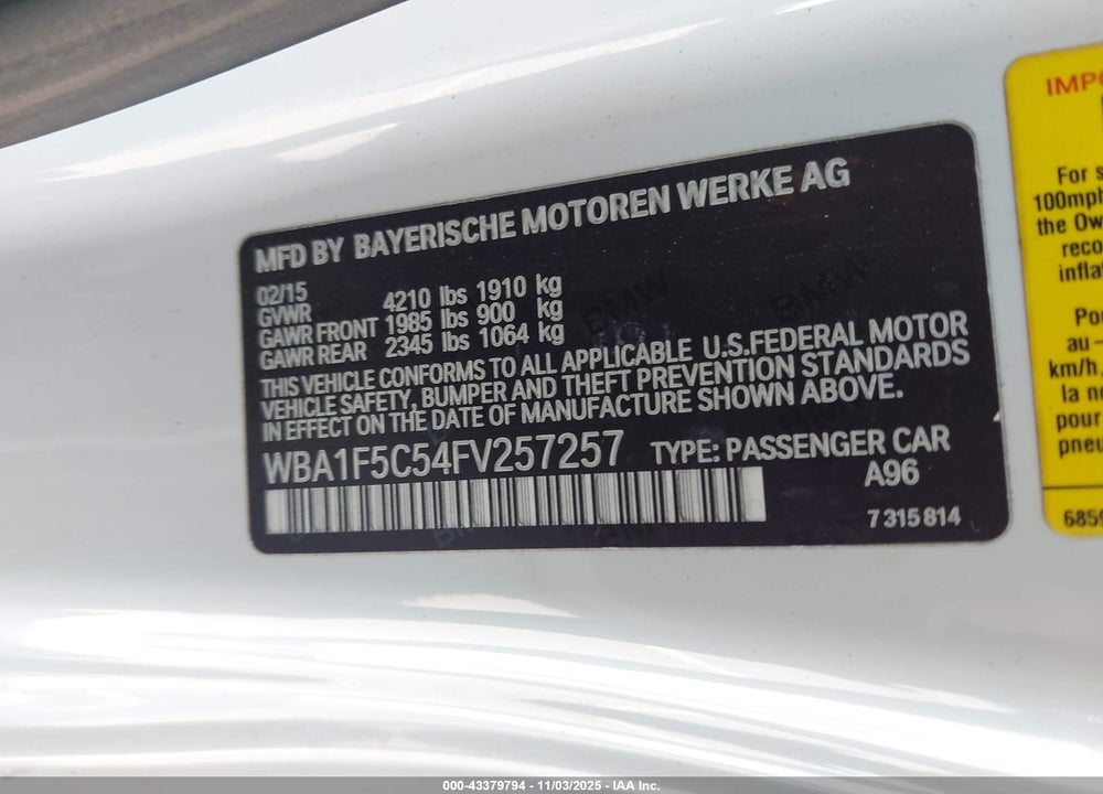 2015 BMW 228I VIN: WBA1F5C54FV257257