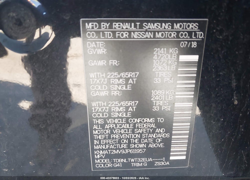 2018 NISSAN ROGUE SV VIN: KNMAT2MV9JP611957