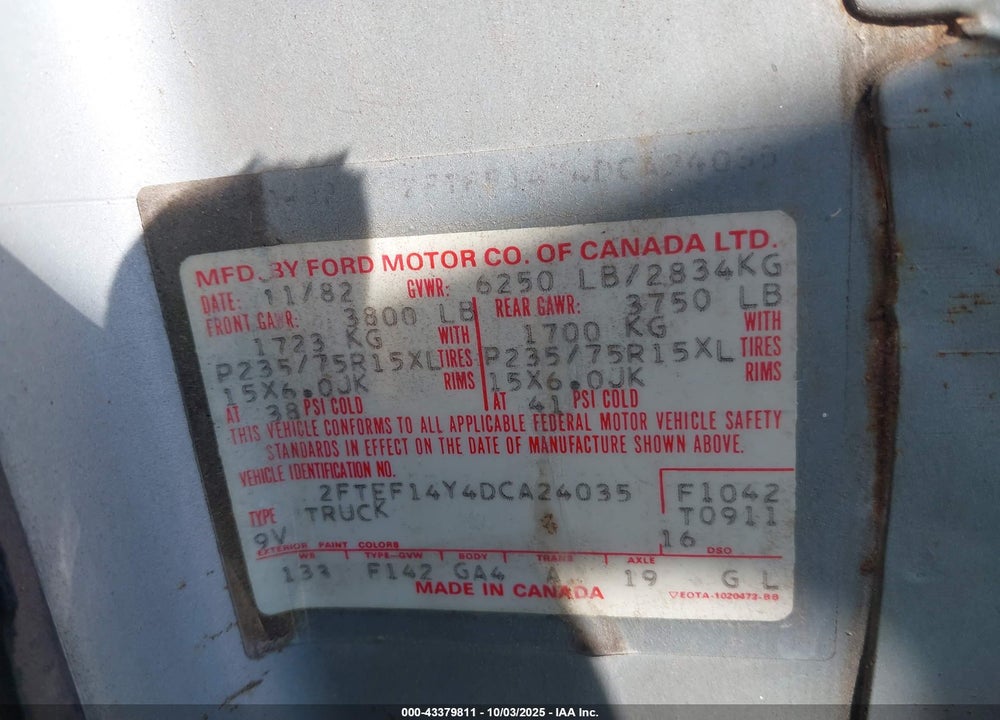1983 FORD F150 VIN: 2FTEF14Y4DCA24035